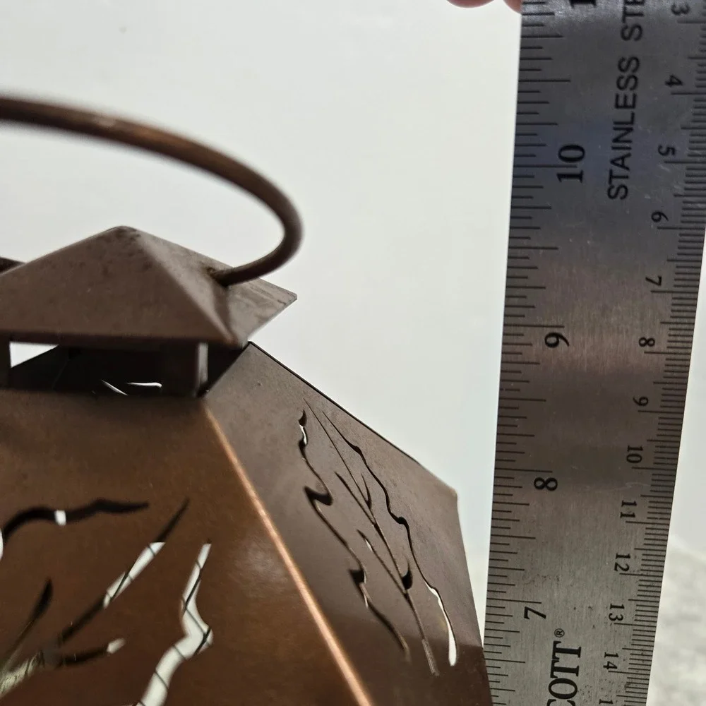 Copper Tone Metal Leaf Cutout Tea Light Lantern Painted Floral Glass Panels